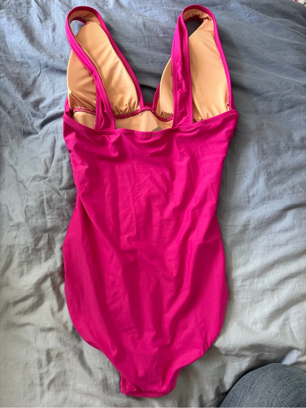 NWT J.Crew Ruched V-Neck One-Piece Swimsuit - Radiant Fuchsia - Size 12 - Picture 2 of 5